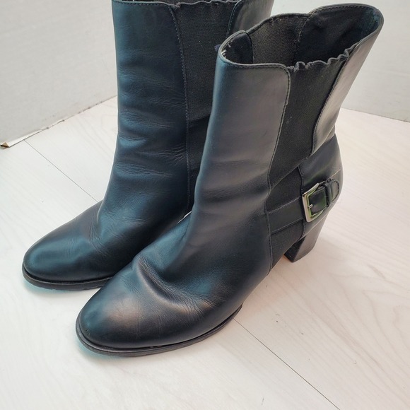 Cole Haan Shoes - Cole Haan Black Leather Ankle Boots Buckle‎ Elastic Side Block Heel 9.5B